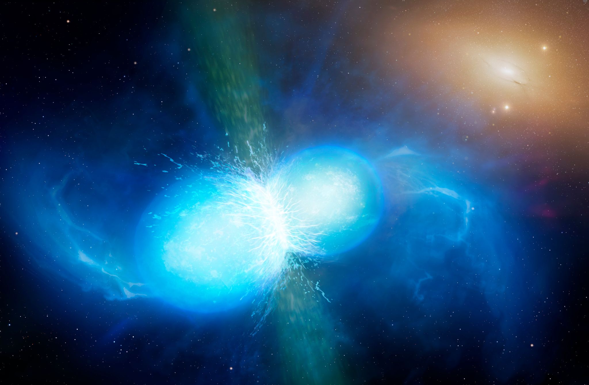 Artist impression of two neutron stars in a binary system.  Gravitational waves are created during an eventual collision. Credit: University of Warwick/Mark Garlick